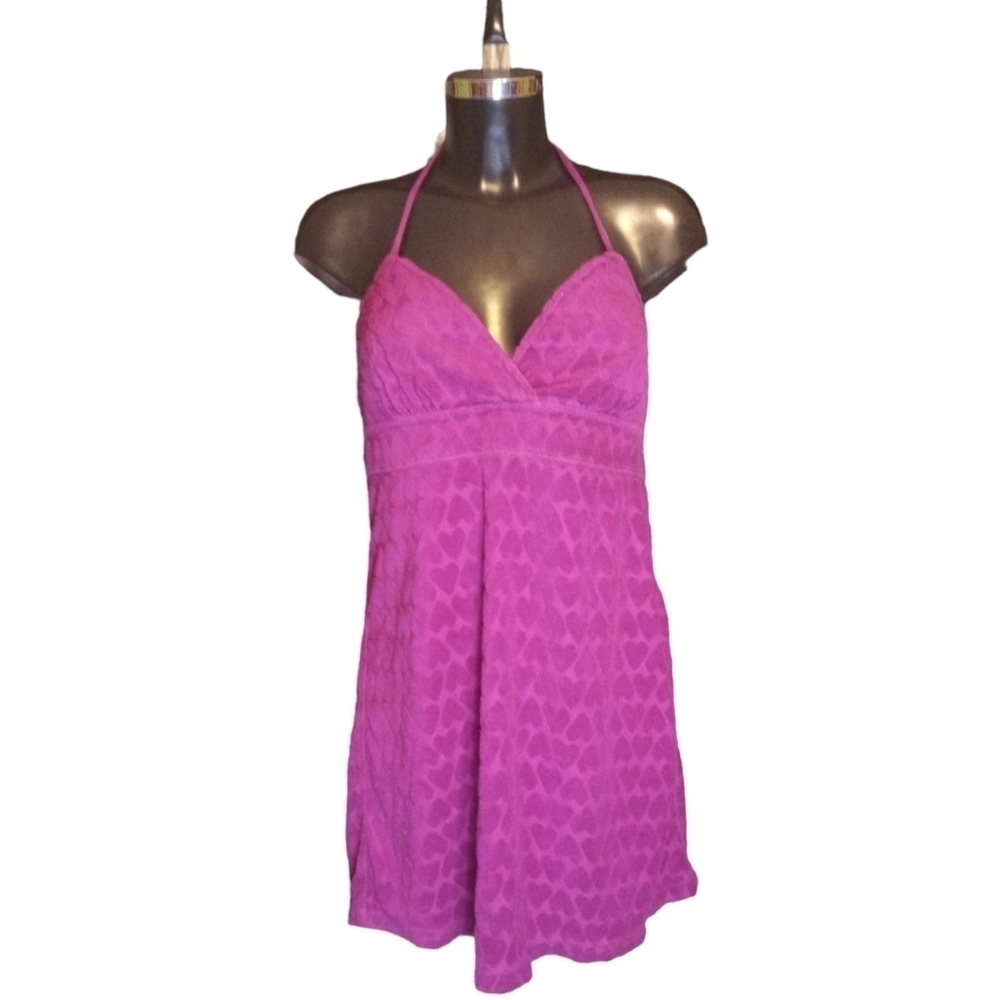 Athletic Works Magenta Heart Terry Cloth Halter Dress Cover Up - Medium